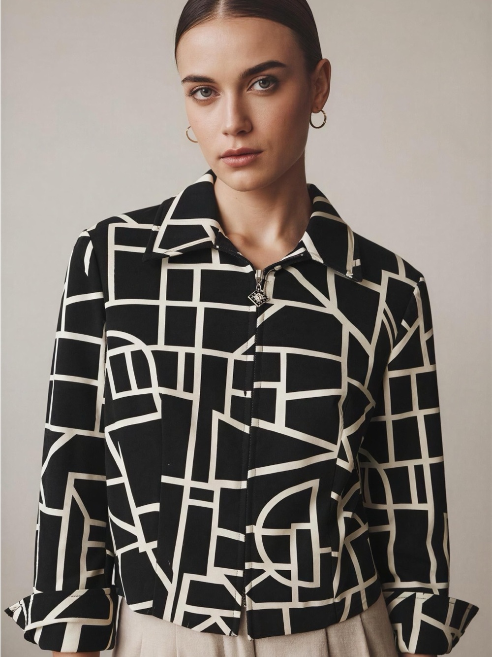 Geometric Black & Cream Zip-Front Blazer Jacket